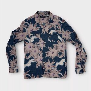 ALLSAINTS Shirt Mens S Small Black Birch LS Leaves Leaf Viscose Camp Loop Collar